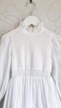 Load image into Gallery viewer, Ana Balahan Valentina Swiss cotton white church dress with broderie anglaise needlework embroidery closeup Melbourne