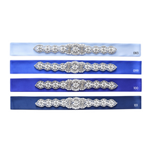 Load image into Gallery viewer, Wedding belt with beautiful rhinestone applique on blue satin ribbon