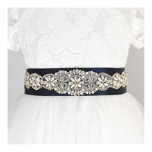 Load image into Gallery viewer, 006 Bridal satin sash with rhinestone applique with off white dress Ana Balahan
