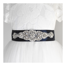 Load image into Gallery viewer, 035 Bridesmaid satin sash with rhinestone applique beads gems with off white dress Ana Balahan 
