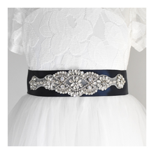 Load image into Gallery viewer, 035 Bridesmaid satin sash with rhinestone applique beads gems with off white dress Ana Balahan