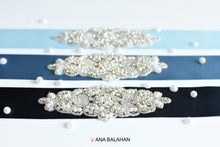 Load image into Gallery viewer, 104 rhinestone applique style wedding sash bride or bridesmaids belt blue colors by Ana Balahan