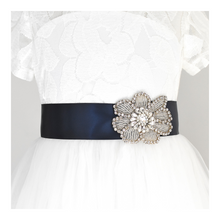 Load image into Gallery viewer, 123-1 Flower girl satin belt with rhinestone applique beads gems with off white dress Ana Balahan
