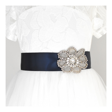 Load image into Gallery viewer, 123-1 Flower girl satin belt with rhinestone applique beads gems with off white dress Ana Balahan