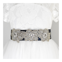 Load image into Gallery viewer, 123-3 Christening satin sash with rhinestone applique beads gems with off white dress Ana Balahan