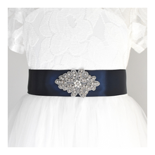 Load image into Gallery viewer, 138 Baptism satin belt with rhinestone applique beads gems with off white dress Ana Balahan