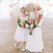 Load image into Gallery viewer, Adelina dress Ana Balahan Bride hugging flower girl wearing white color flower girl dress