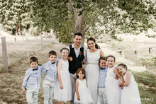 Load image into Gallery viewer, Adelina dress Ana Balahan wedding photo bride groom with flower girls and pageboys