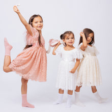 Load image into Gallery viewer, Ana Balahan Camila Three Girls are dancing in their Light Ivory Champagne and Dusty Rose Color Lace Dresses Melbourne Australia
