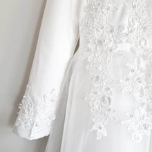 Load image into Gallery viewer, Ana Balahan Mary Long sleeves communion dress decorated with lace and beads close up Sydney Australia
