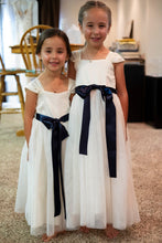 Load image into Gallery viewer, Annabelle dress Ana Balahan two pretty girls in floor length dresses with navy color belts
