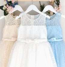 Load image into Gallery viewer, Bella white cream and blue lace girl dress front view