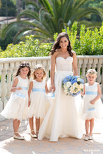 Load image into Gallery viewer, Bride with three flower girls in Adelina flower girl dresses with blue color sash Ana Balahan