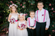 Load image into Gallery viewer, Flower girls wearing fancy baby dresses for wedding with stunning flowers and leaves headpiece and boys wearing matching colour accessories. Perfect for romantic or country wedding.
