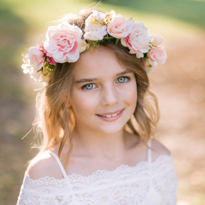 Flower girl dress Melbourne with lovely artificial flowers headpiece in gentle pink blush shades. Perfect for garden wedding Australia