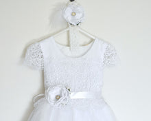 Load image into Gallery viewer, Eleonor christening dress with lace sleeves front view Ana Balahan