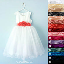 Load image into Gallery viewer, Ranunculus flower sash on a fantastic Adelina dress
