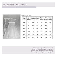 Load image into Gallery viewer, Junior bridesmaid Melbourne Bella flower girl dress size chart