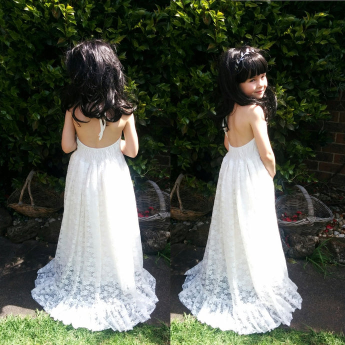 Florence lace flower girl dress with open back and skirt with train front and back views