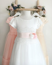 Load image into Gallery viewer, Eleonor Sacrament of Confirmation christening gown decorated with lace and blush satin sash Ana Balahan