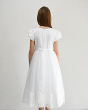 Load image into Gallery viewer, Eleonor christening gown with sleeves decorated with lace back view Ana Balahan