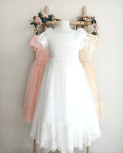 Load image into Gallery viewer, Eleonor christening dress with sleeves decorated with lace front view Ana Balahan