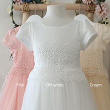 Load image into Gallery viewer, Eleonor church baptism outfit with sleeves decorated with lace close front view Ana Balahan Melbourne Australia