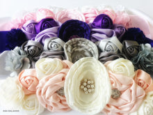 Load image into Gallery viewer, Ivory and pale pink, grey, purple, pink and white color set of headpieces and sashes