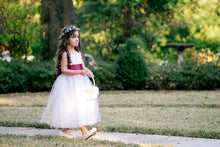 Load image into Gallery viewer, Flower girl in Adelina white color dress with wave edge and wine color sash Ana Balahan
