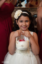 Load image into Gallery viewer, Flower girl with a basket of petals wearing Camellia set of wedding accessories floral sash and headpiece