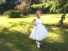 Load image into Gallery viewer, Girl in Adelina flower girl dress with rhinestone applique sash and headpiece set
