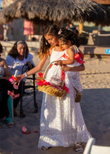Load image into Gallery viewer, A flower girl on a beach wedding in summer lace dress with train holding her little sister