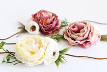 Load image into Gallery viewer, PEONY sash, Mauve head piece, Ivory bracelet, Flower decoration, Bridesmaid ornamentation, Wedding head adornment, Bridal headband