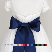 Load image into Gallery viewer, Off white color flower girl dress with the 8 cm navy color satin sash back view
