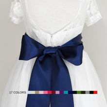 Load image into Gallery viewer, Off white color flower girl dress with the 8 cm navy color satin sash back view