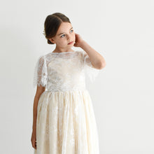 Load image into Gallery viewer, Olivia bohemian style open back full length lace dress in light tan colour Ana Balahan