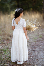 Load image into Gallery viewer, Olivia skin colour long lace flower girl dress with open back and short sleeves Ana Balahan