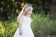 Load image into Gallery viewer, Girl in champagne lace flower girl dress