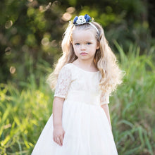 Load image into Gallery viewer, A pretty girl in Sofia flower girl dress by Ana Balahan in a park