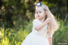 Load image into Gallery viewer, Girl wearing Sofia champagne lace flower girl dress