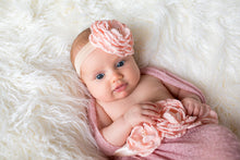 Load image into Gallery viewer, Ranunculus little baby girl newborn photoshot with blush pink color headband and sash decorated with pearl beads