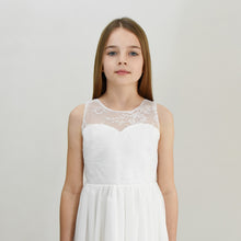 Load image into Gallery viewer, Roselle midi length lace flower girl dress with V-neck in bridal ivory color Ana Balahan