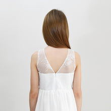 Load image into Gallery viewer, Roselle midi length lace flower girl dress with V neck in bridal ivory color back view Ana Balahan