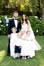 Load image into Gallery viewer, Beautiful bride and groom with flower girl in Grace V-neck dress