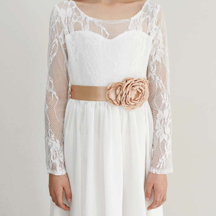 Stefania lace dress with long lace sleeves and belt decorated with flowers by Ana Balahan Brisbane Australia