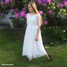 Load image into Gallery viewer, Teenage girl wearing long classic style graduation outfit with elegant lace top by Ana Balahan Australia
