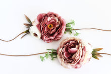 Load image into Gallery viewer, PEONY sash, Mauve head piece, Flower decoration, Bridesmaid ornamentation, Wedding head adornment, Bridal headband