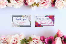 Load image into Gallery viewer, Two designs of Thank you for being our flower girl card in mix of gray magenta and light pink colors