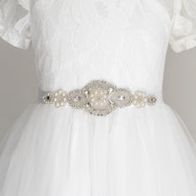 Load image into Gallery viewer, White color sash with gems and crystals with off white color dress