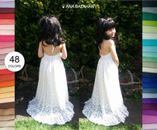 Load image into Gallery viewer, Florence lace flower girl dress with open back and skirt with train front and back views